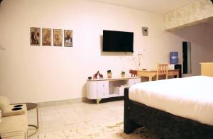 a bedroom with a bed and a tv on the wall at Large Studio In Heart of Westlands in Nairobi