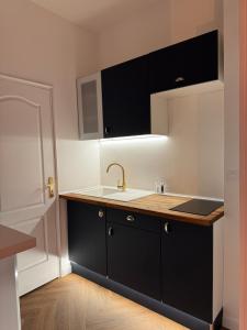 a kitchen with black cabinets and a sink at Suite EVASIO, au pied du château fort, parking privé in Sedan +43 photos