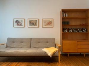 ein Wohnzimmer mit einer Couch und einem Bücherregal in der Unterkunft Landidyll - Bauernhaus Ländchen Bellin 