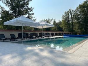 a swimming pool with two umbrellas and tables and chairs at Wildwood Villa in Apriltsi