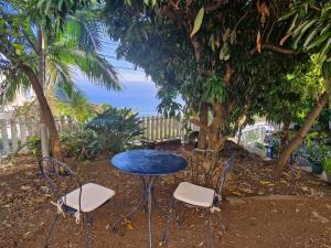 a blue table and chairs with the ocean in the background at Kaz Arvor in Saint-Leu