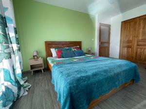 a bedroom with a bed with a blue comforter at Villa oasis des laves in Sainte-Rose +9 photos