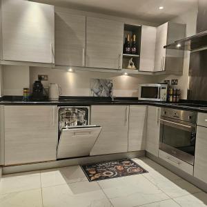 a kitchen with white cabinets and a dishwasher at Central Suite and Private Patio! in London +33 photos