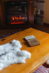 a wooden table with a stuffed animal on top of it at Cheerful Two Bdrm Cabin with Hot Tub & Pet Friendly in Rockbridge