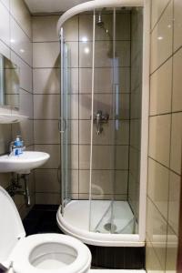 y baño con ducha, aseo y lavamanos. en City Hotel - HEEFA OHG, en Hamburgo