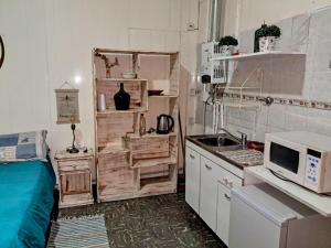 a small kitchen with a sink and a microwave at El Colibrí de centro1 in Capilla del Monte