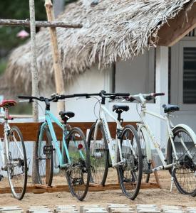 drei Fahrräder, die vor einem Gebäude geparkt sind in der Unterkunft TravelLodge Eco in Arugam Bay