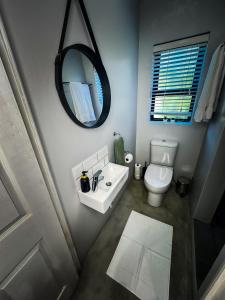 une salle de bain avec des toilettes blanches et un miroir dans l'établissement Ziminé Cottage, à Paarl