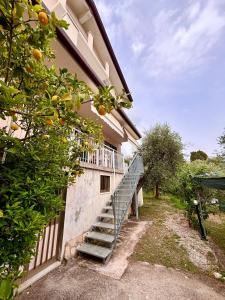 a staircase leading to a building with an orange tree at Charming Tuscany in Corsanico-Bargecchia