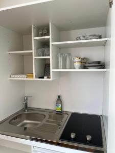 una cucina con un lavello e un piano di lavoro di Über den Dächern Ebnats ad Aalen