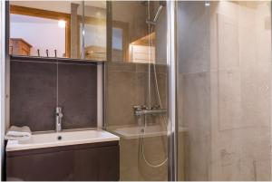 モルジヌにあるAvoriaz 1800 - Tilia appartement de charmeのシャワーと洗面台付きのバスルーム
