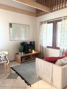a living room with a couch and a television at Fir & Flame Lodge in Rovaniemi