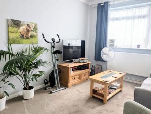 a living room with a tv and a table at Stylish 2 Bedroom Apartment in Belvedere