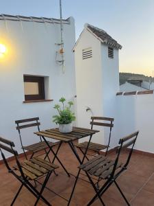 a table and chairs with a plant on a patio at Casa Puerta de la Alcazaba Antequera in Antequera