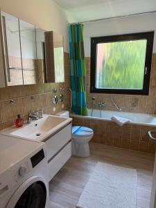 a bathroom with a sink and a washing machine at Ferienwohnung Harzwiese in Bad Sachsa
