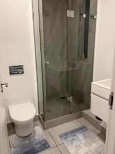 a bathroom with a shower with a toilet and a sink at Exclusive Two Bedrooms Presidential Suite in Coral Point in Sibaya