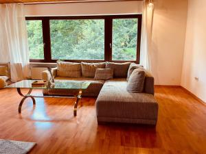 ein Wohnzimmer mit einer Couch und einem Glastisch in der Unterkunft Wohnung im Landhaus - mit Terasse & Bachlauf in Trösel