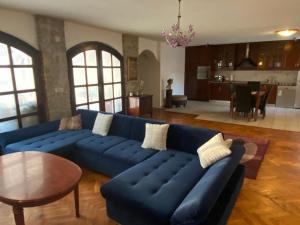 a living room with a blue couch and a table at Apartmani Sollei in Petrcane
