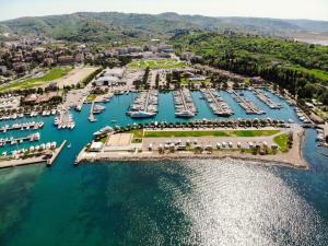 an aerial view of a marina with boats at Luxury Houseboat Lavender in Portorož