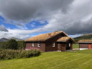 a house with a grass roof on a field at Høvringen Lodge in Høvringen