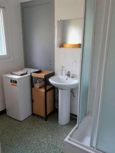 a bathroom with a white sink and a mirror at Le calme près de la ville in Saumur