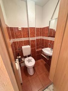 a bathroom with a toilet and a sink at Ferienwohnung Warnemünde in Rostock