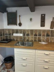 a kitchen with a sink and a counter top at Hollóköves Vendégházak in Hollókő
