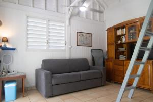 a living room with a couch and a book shelf at Gite le colibri Bungalow Azur avec réserve d'eau in Saint-François