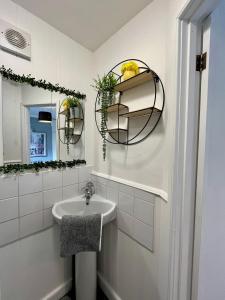 un baño con lavabo y espejo en Garden View Cedar House Room 7, en Hereford