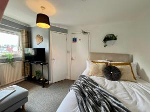 Un dormitorio con una cama y un televisor y una ventana. en Garden View Cedar House Room 7, en Hereford
