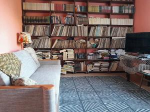 ein Wohnzimmer mit einem Bücherregal voller Bücher in der Unterkunft Dubavi in Viestura Laukums
