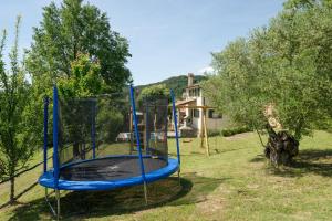 a blue trampoline in the yard of a house at Villa Daus in Cerovlje