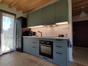 a kitchen with green cabinets and a stove at Dom Szumią Wierzby in Szumlin +50 photos