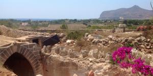 a stone building with a tunnel in a field with flowers at Appartamenti Calarossa O' Cafe' in Favignana