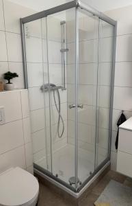 a glass shower in a bathroom with a toilet at Privatzimmer im Reihenhaus nähe Flughafen Hannover Langenhagen in Hannover