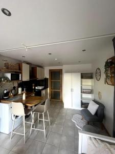 a kitchen and living room with a table and chairs at Studio pratique - Jardin privé in Grabels