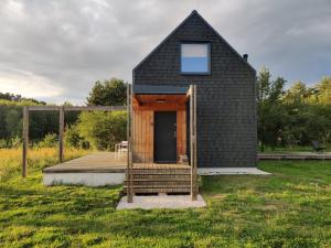 a small black house with a door in a field at Dom Szumią Wierzby in Szumlin