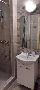 a bathroom with a sink and a shower at Penzión KORMOŠ in Štúrovo +22 photos