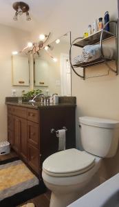 Un baño con inodoro, lavabo y espejo. en Beautiful House in Mississauga, en Mississauga 11 fotos más