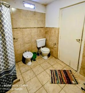 a bathroom with a toilet and a shower curtain at El Colibrí del Centro 3 in Capilla del Monte