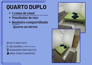 a brochure of a room with a bed and a room with a green bed at Pousada Villa Beach Praia Grande in Praia Grande
