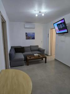 een woonkamer met een bank, een tafel en een flatscreen-tv bij uncie spiros house in Nea Fokea