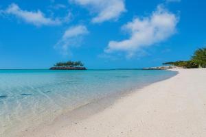 ein Strand mit einer kleinen Insel im Wasser in der Unterkunft Palm Bluff cottage in Gregory Town