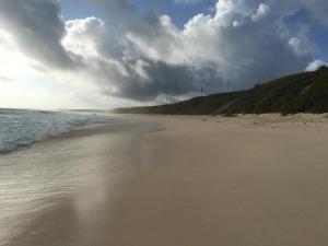 einen Sandstrand mit Meer und wolkigem Himmel in der Unterkunft Palm Bluff cottage in Gregory Town + 36 Fotos