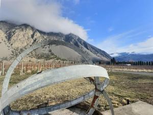 a bench in a field with a mountain in the background at Blush Bliss Herrera Vineyard Estate Home in Keremeos