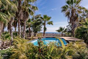 a swimming pool surrounded by palm trees and the ocean at Villa Gardenia - Oceanview Villas w Pool in Todos Santos