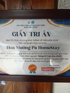 Certifikát, hodnocení, plakát nebo jiný dokument vystavený v ubytování Hoa Mường Pa Homestay