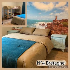 two pictures of a bedroom with a bed and the ocean at La Babelais, 24 couchages 36 personnes pour une soirée in Saint-Médard-sur-Ille