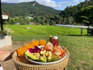 a plate of fruit and drinks in a basket at บ้านพักเคียงนา in Ban Sop Mae Klang
