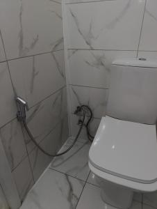 a white toilet in a bathroom with a hose at Seyri Alem suit villa Bungalow in Ardeşen +23 photos